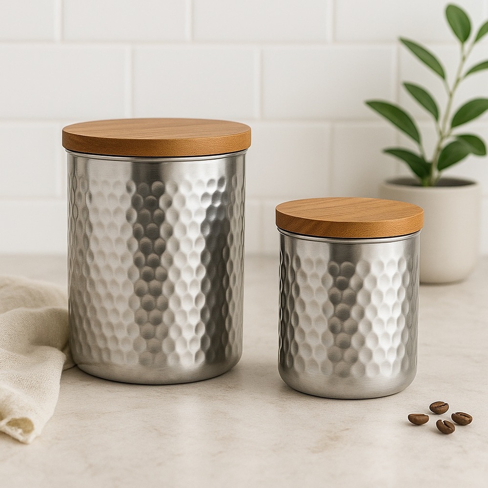 2 Piece Uncommon James Silver Hammered Canister Set w/Wood Lids 45oz & 25oz  NEW